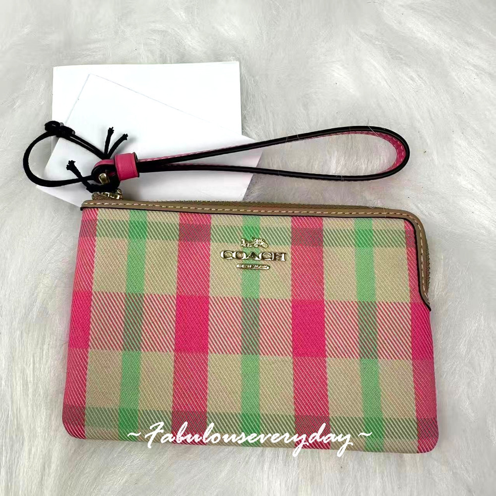 Coach Corner Zip Wristlet With Plaid Print Signature Canvas CBP18 Pink Multi NWT